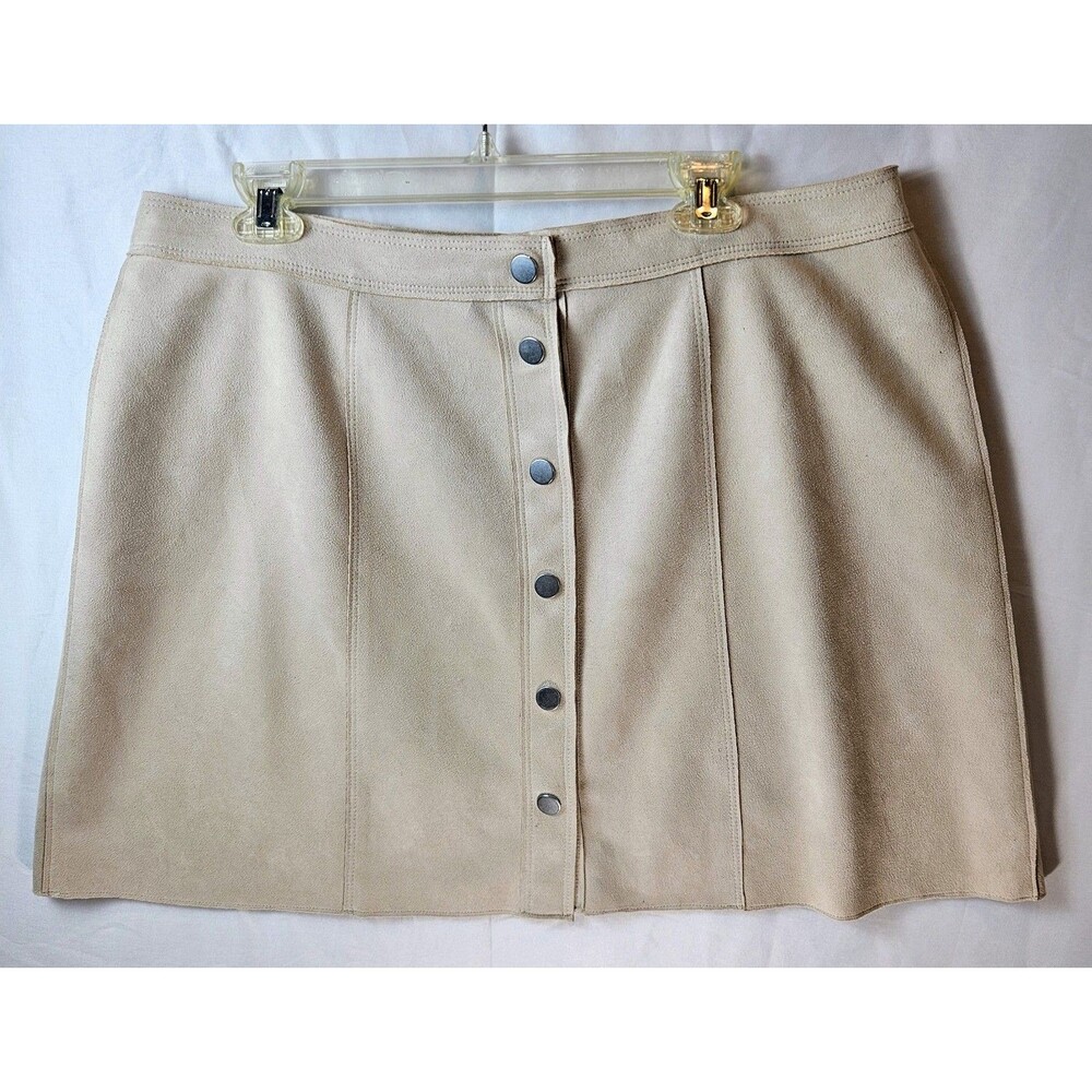 Bar III Faux Suede Mini Skirt Size 16 High Waist A Line Beige Button Up